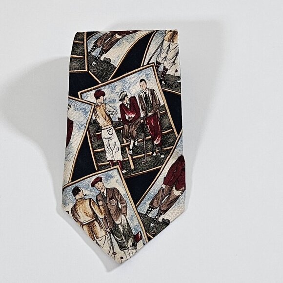 Gant Tie Silk  Multicolor Golf Players Print VTG Boho Art to Wear W3.75 L58 inch - Picture 2 of 16